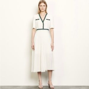 Sandro white green short sleeve pleated midi dress size M